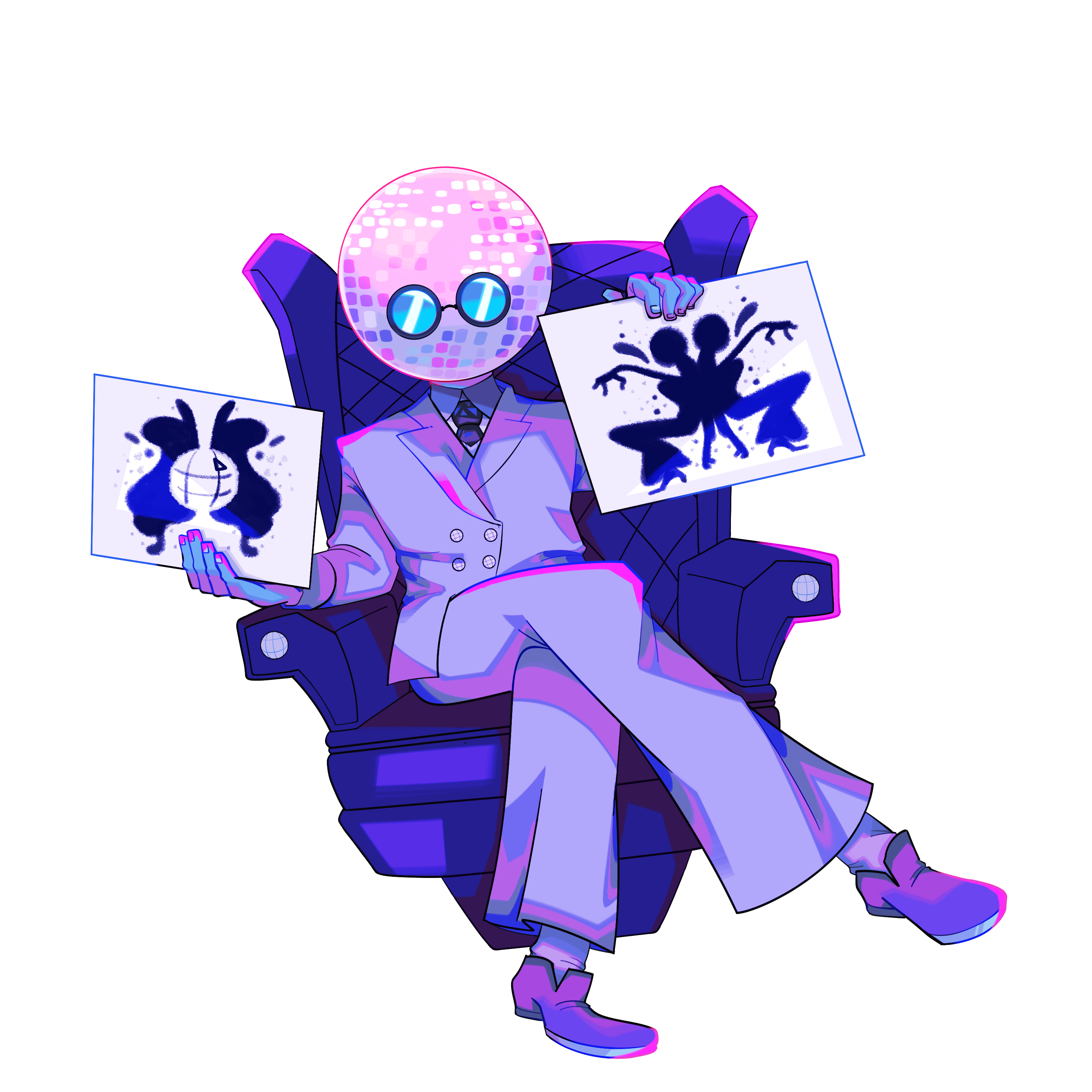 Illustrative Commission for Musician Discoholic Music. The artwork depicts a humanoid figure with a dicoball head , glasses placed a little lower on the frame of the head , wearing a suit and tie with a sweater underneath. He is sitting crosslegged on a leather armchair with two discoballs situated on each arm. The colors are mostly monochromatic using different shades of purple however other colors such as blue are present within the image. The character is holding up two inkblot illustrations , one of which is an abstract version of a discoball situated on his right hand and one depicting dancers on his left.